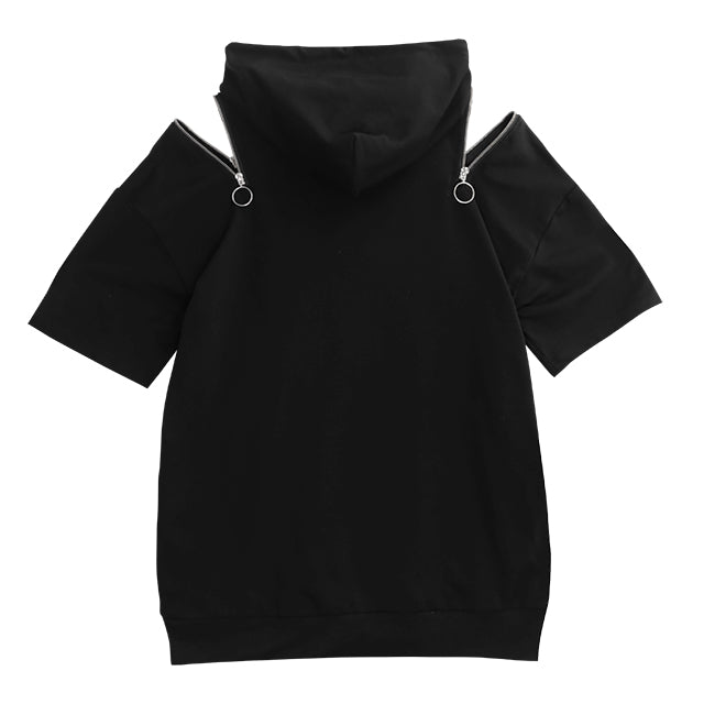 Safety Pin Bear Shoulder Zip Short Sleeve Hoodie