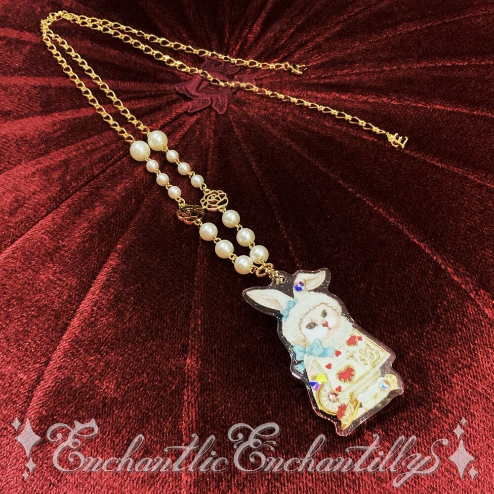Queen Cat in Wonderland White Rabbit Necklace