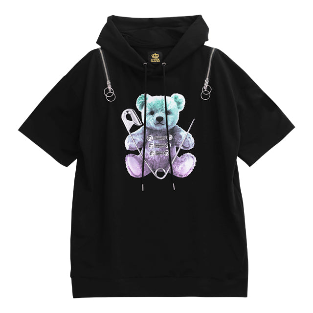Safety Pin Bear Shoulder Zip Short Sleeve Hoodie – Harajuku Hearts