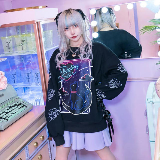 Moonlight Black Cat Lace-Up Pullover