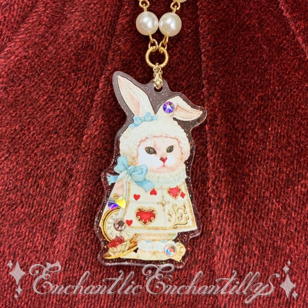 Queen Cat in Wonderland White Rabbit Necklace